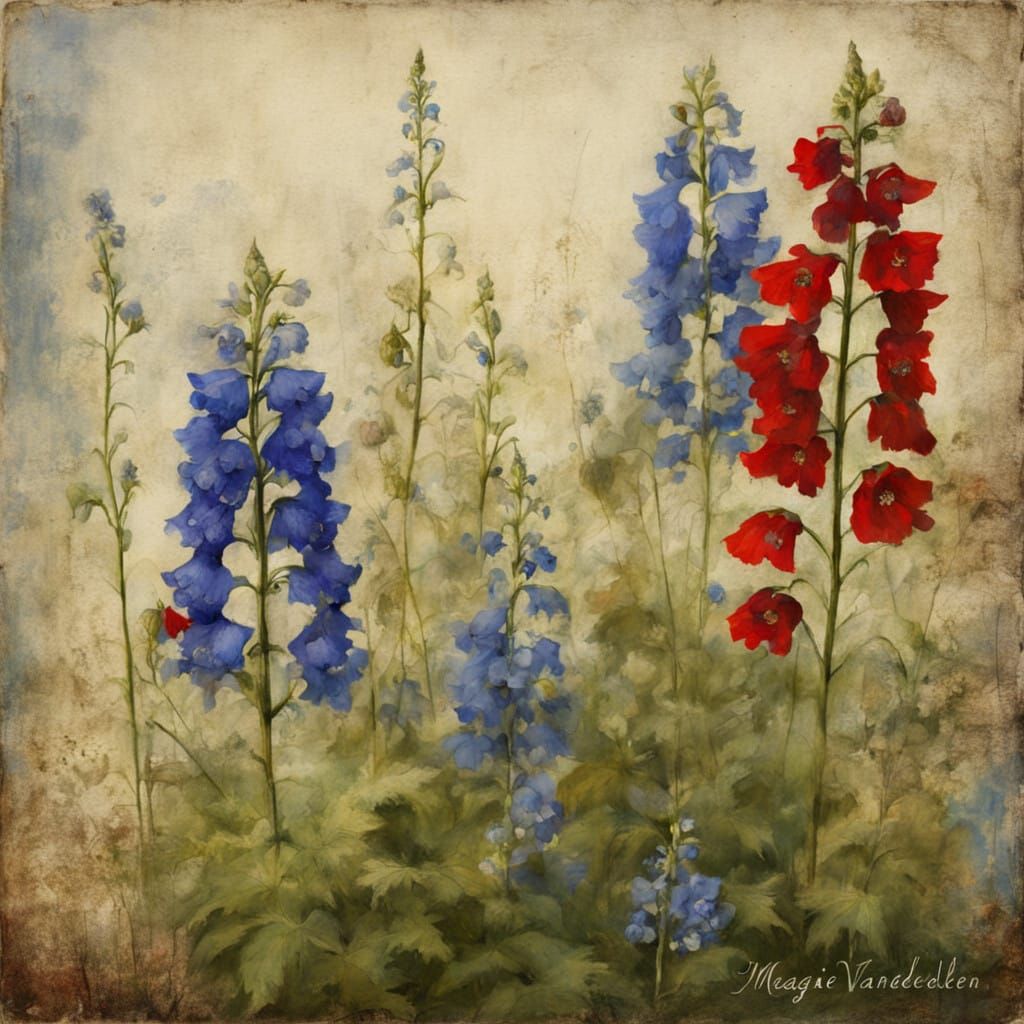 red ,  and blue delphinium   by @Mapont