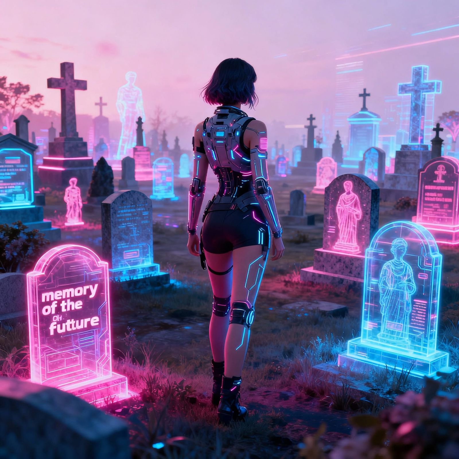memory of the future, beautiful cyberpunk woman stands with her back to the viewer, standing in a virtual ...  by @Golem
