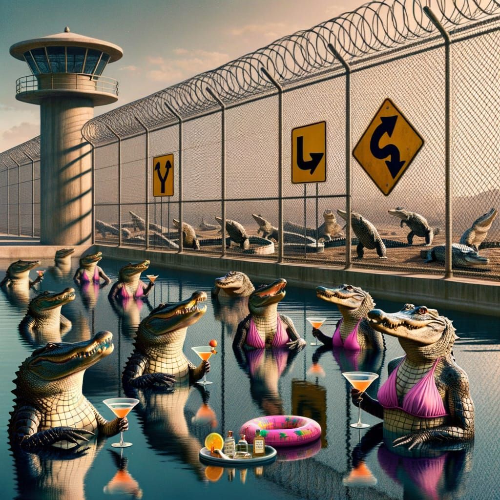Alligators in Bikinis: A Surreal Post-Apocalyptic Scene