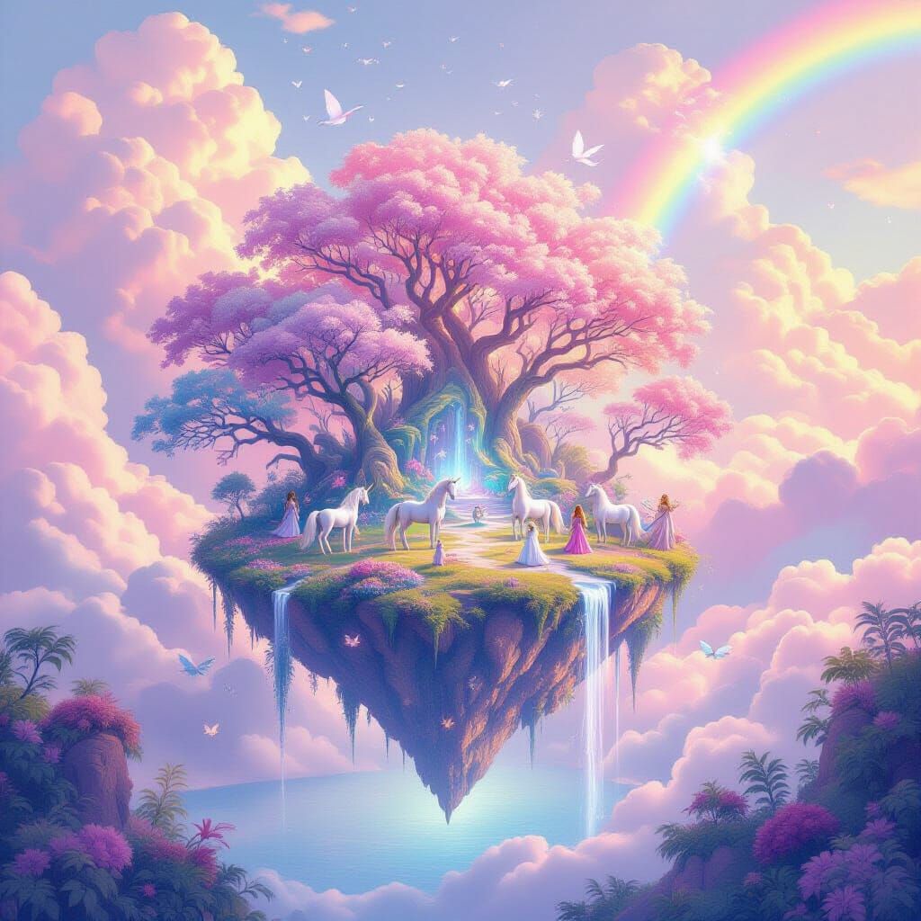 A floating enchanted forest made up of pastel rainbow colors. There are unicorns, pegasus, hippogriff,centaurs,wizards and fairies all aroun...