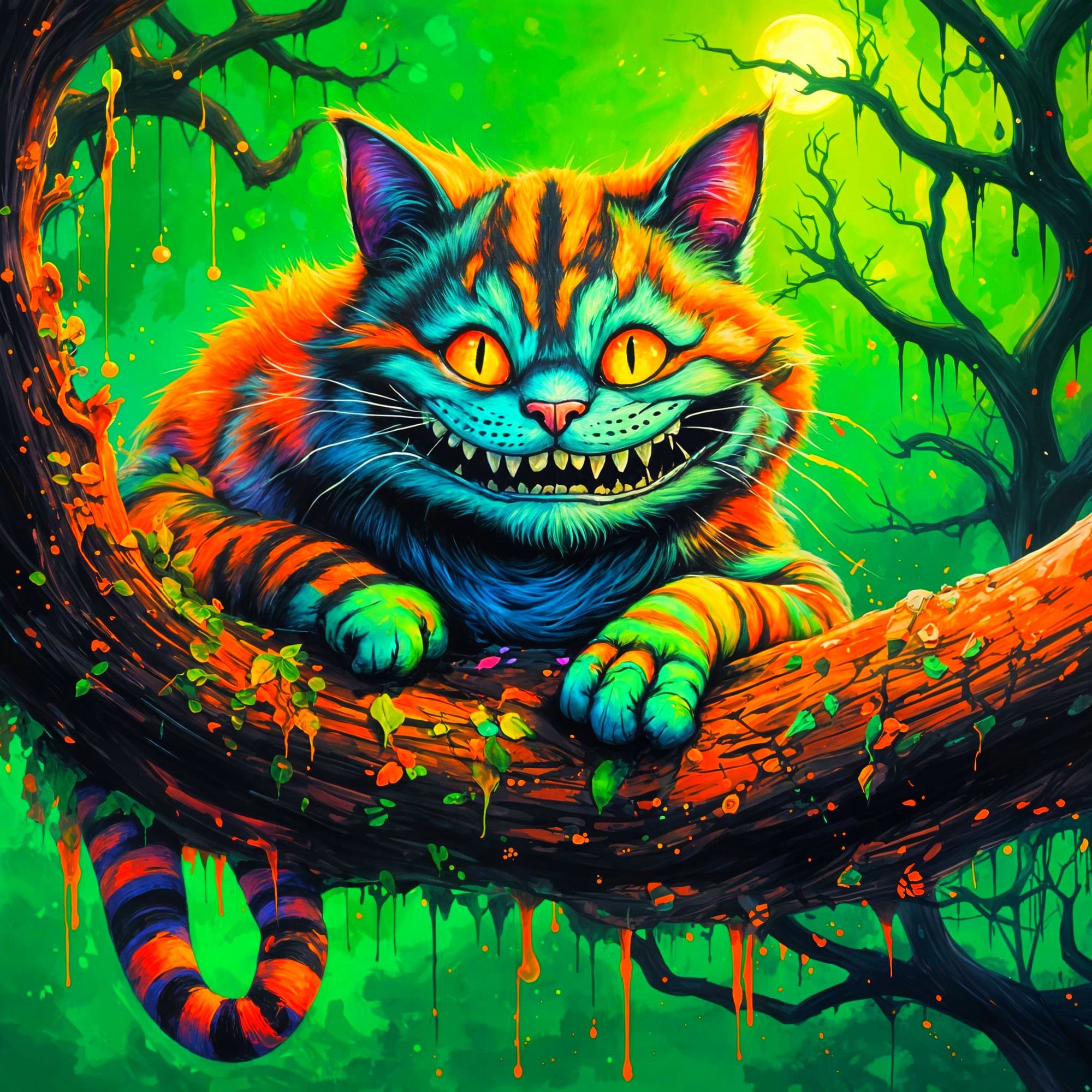 Smiling Cheshire cat lying on a tree limb in black light colors orange and green
