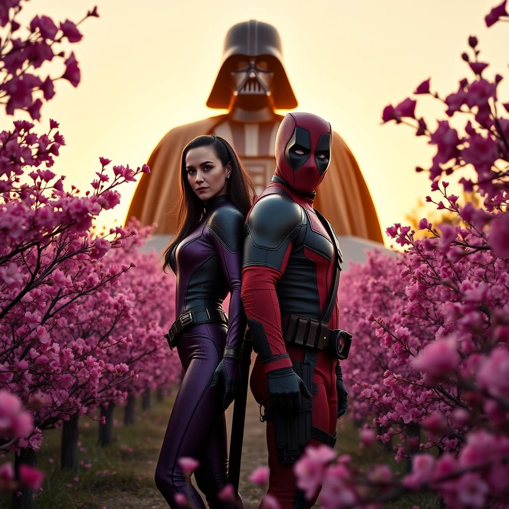 Olivia Munn as Psylocke and her friend, Deadpool are standing front of