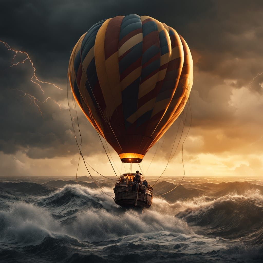 A massive hot air balloon battling a powerful hurricane in the sky. Epic and dramatic atmosphere, like a storm at sea. Dark storm clouds, li...