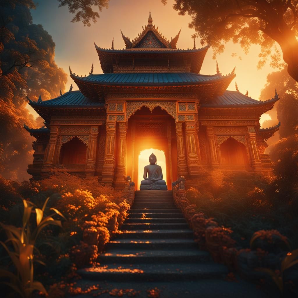 Buddha and Disciple in Golden Hour Dreamscape
