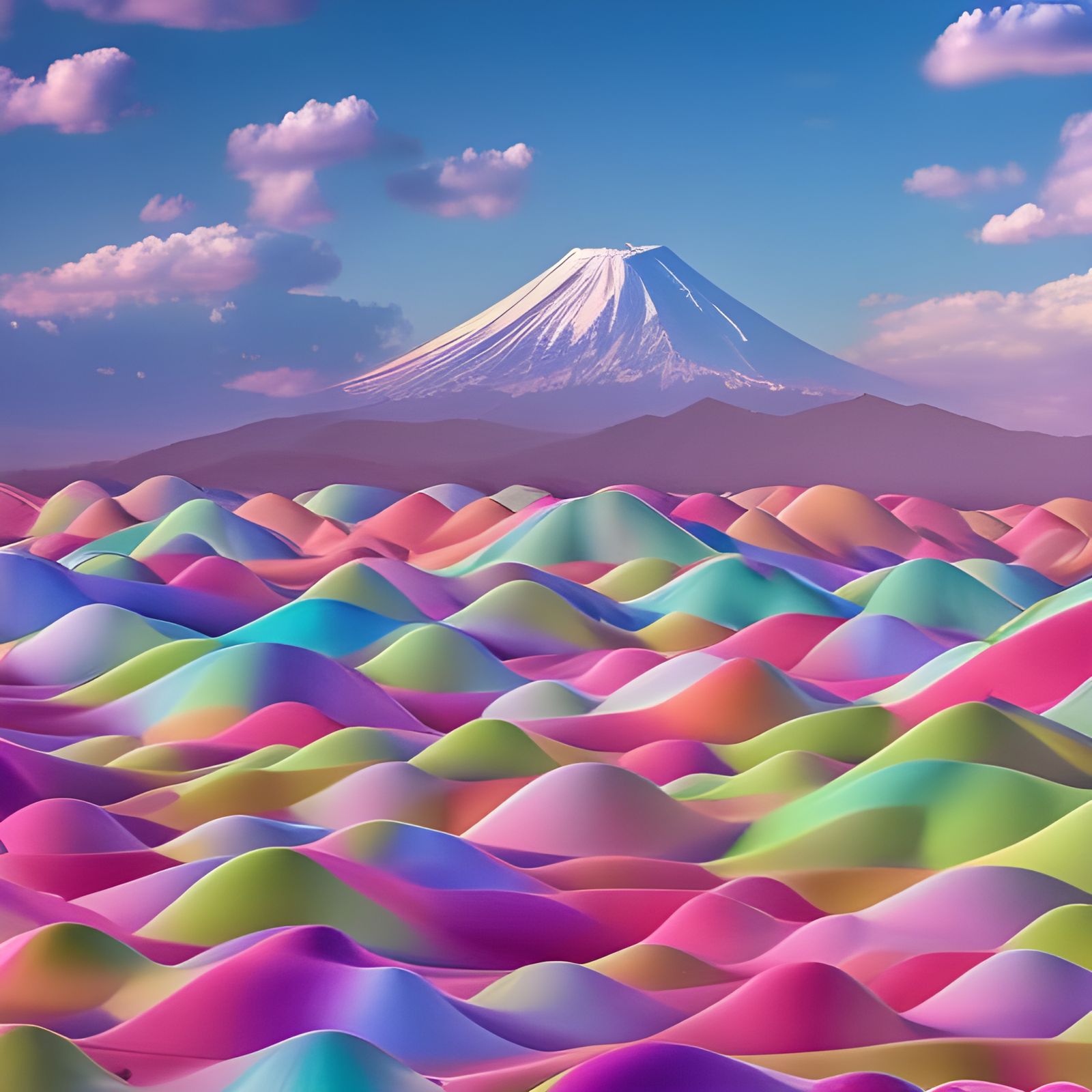 Vibrant Rainbow Holographic Blobs Amidst a Serene Mountain L...