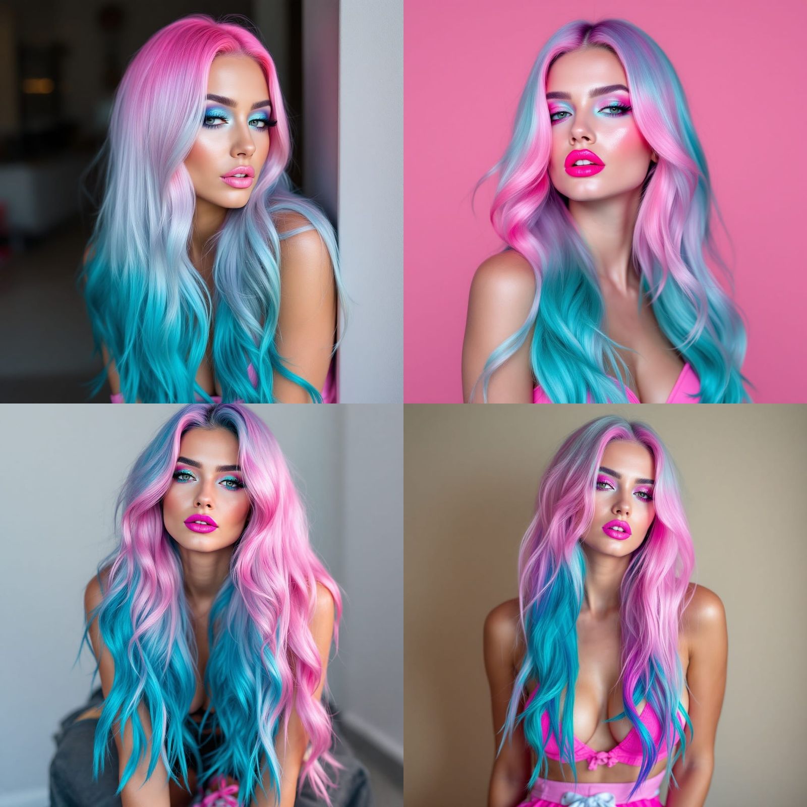 Glowing Goddess with Shimmering Two-Tone Hair in Neon Makeup...