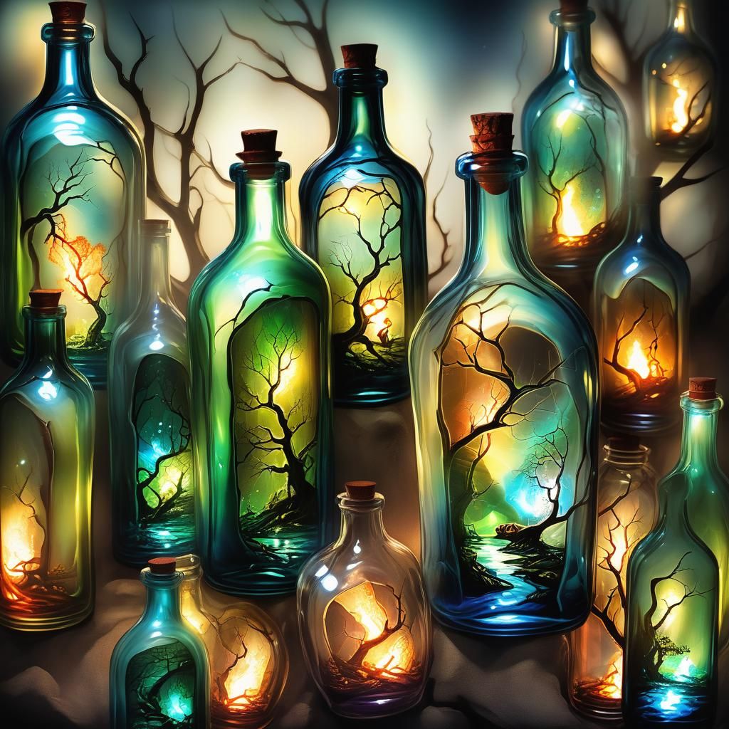 Glass bottles with glowing cracks revealing alternate realities—fantastical landscapes, creatures, or ...  by @Lyndsey