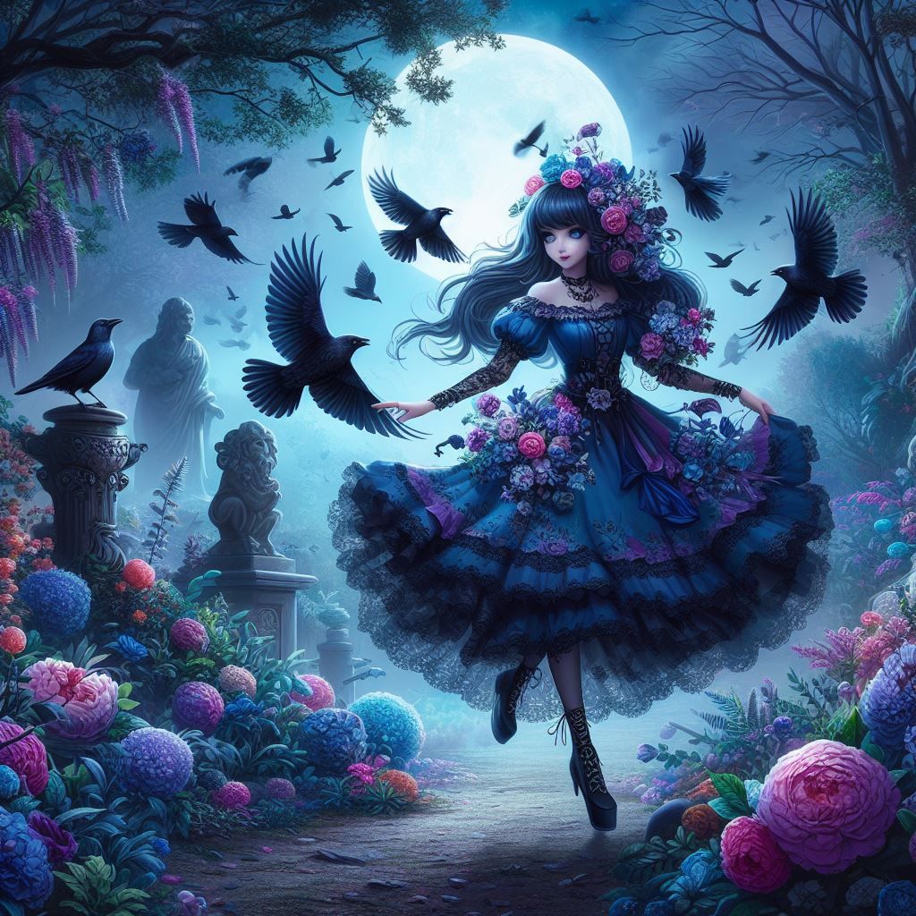 Goth Girl Walking in Midnight Fantasy Garden