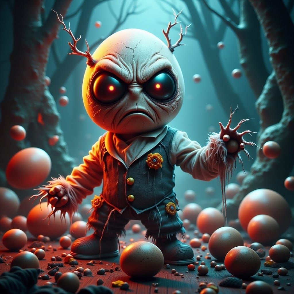 <lora:-Angry Eggs-:1.0>  Whimsical atmosphere ▪ Enchanted forest setting ▪ Scarecrow figure with glowing eyes and a fabric head ▪ Playful co...