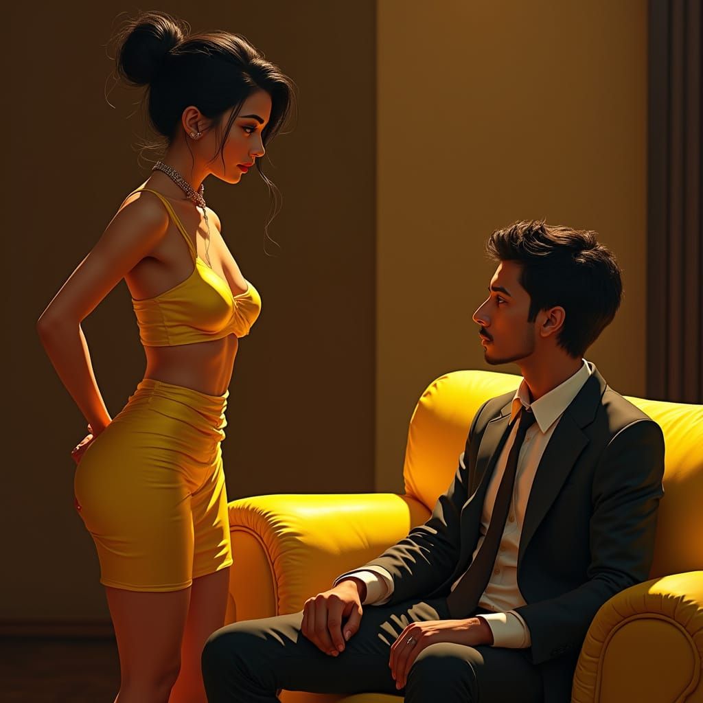 an beautiful indian woman of 28, looking stunning with hair in a bun. she is standing, about to sit on a sofa. she is wearing a yellow figur...