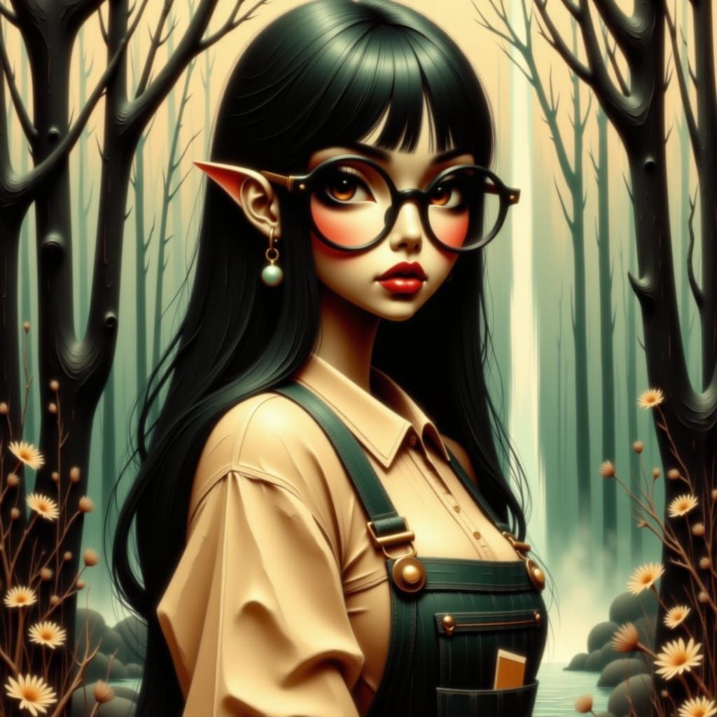 <lora:Nerd Couture:1.0> Nerd couture, Academic MuseElegant Nerd Couture goddess, oversized round nerdy glasses, soft freckles across nose, t...