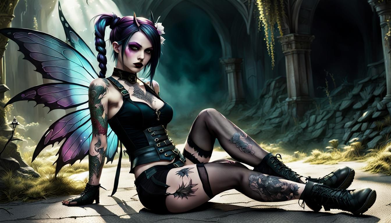 Fairy Beautiful Goth Fairy, Pigtails, half jacket, fairy wings, cut off shorts, fishnets, Combat boots, ...  by @James Silvers