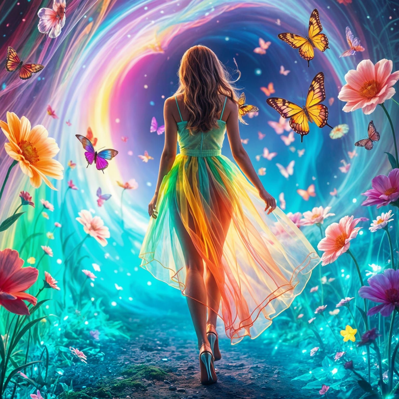 Woman in translucent rainbow dress walking through a fantasy vortex with neon flowers and butterflies