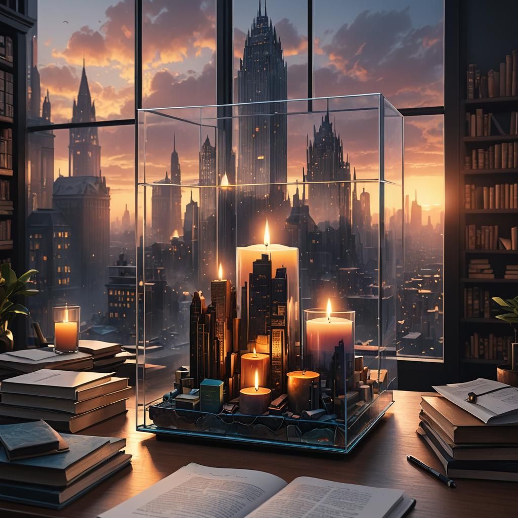 Surreal Cityscape Illuminated in Glass Box