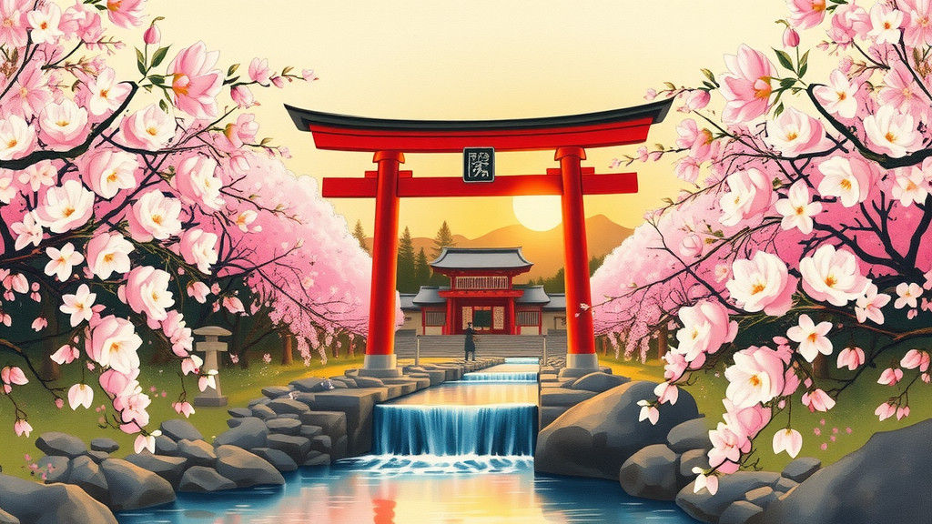 Traditional Japanese Torii Gate Amidst Cherry Blossoms in Su...