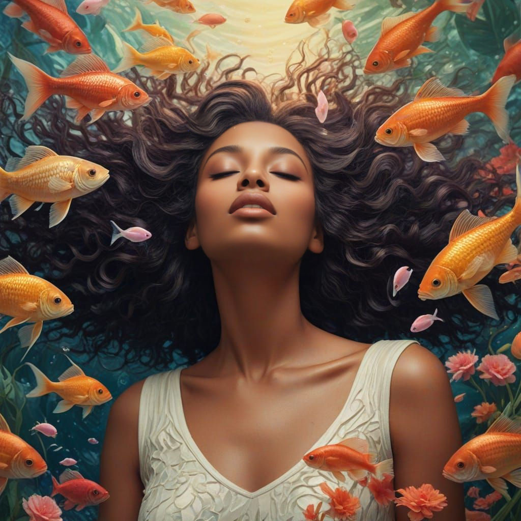 Pisces Woman with Iridescent Fish in Vibrant Watercolors