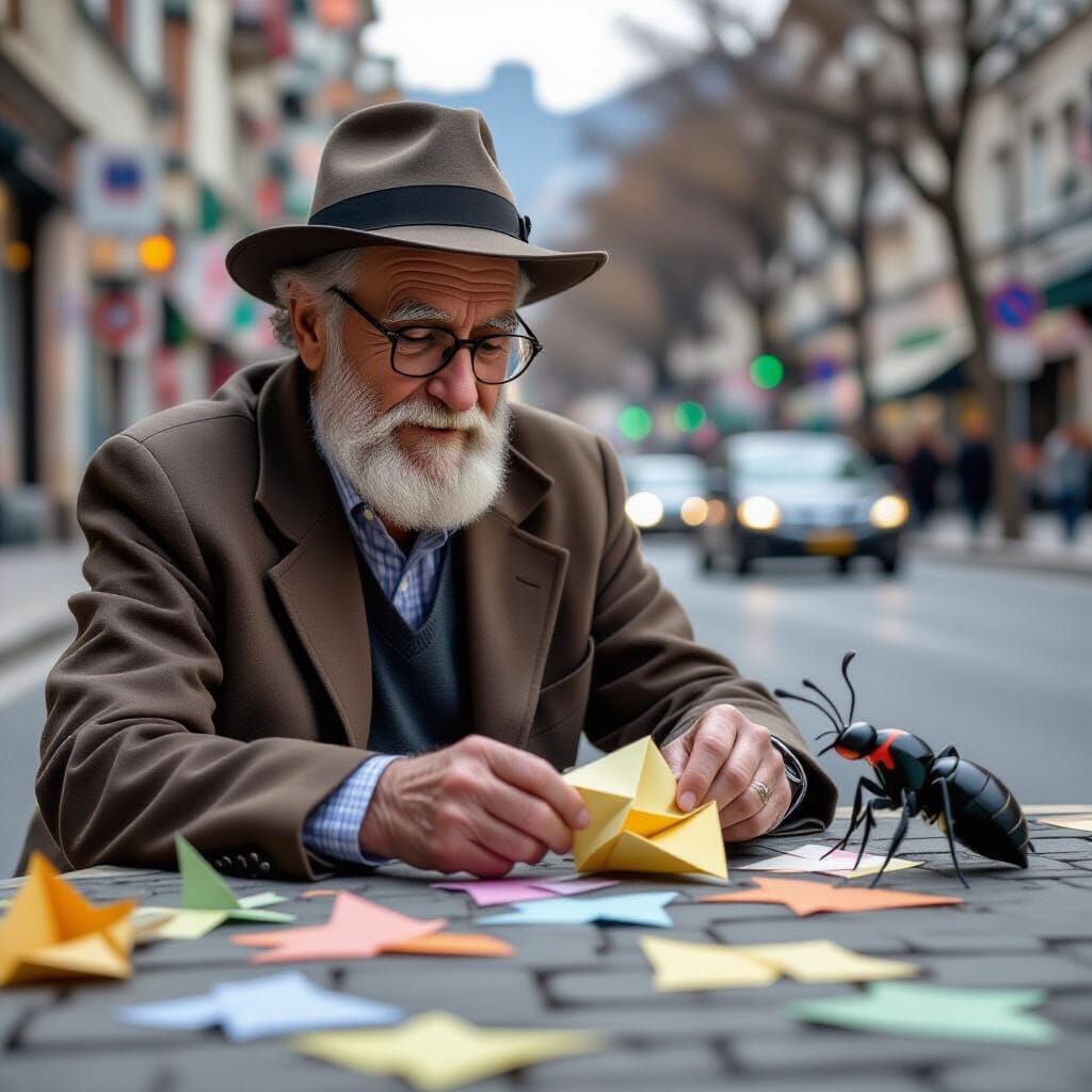 Old Man Plays with Ant in Origami Papercraft Style