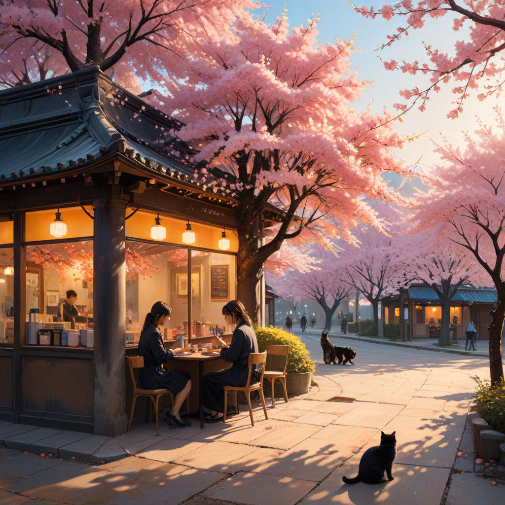 Sakura Cafe Scene with Vibrant Blooms in Golden Light