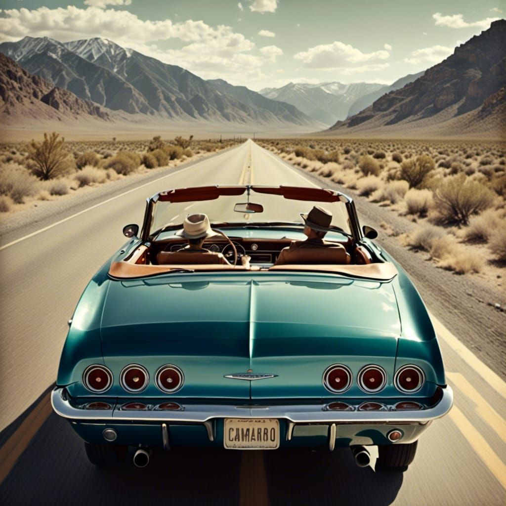  <lora:Old photo-portrait:1.0> 1960's convertible camaro driving down the highway in Nevada, vint