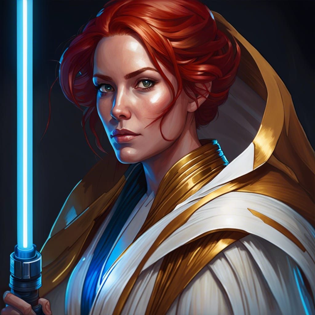 A women with red hair wearing white and gold high republic jedi robes ...