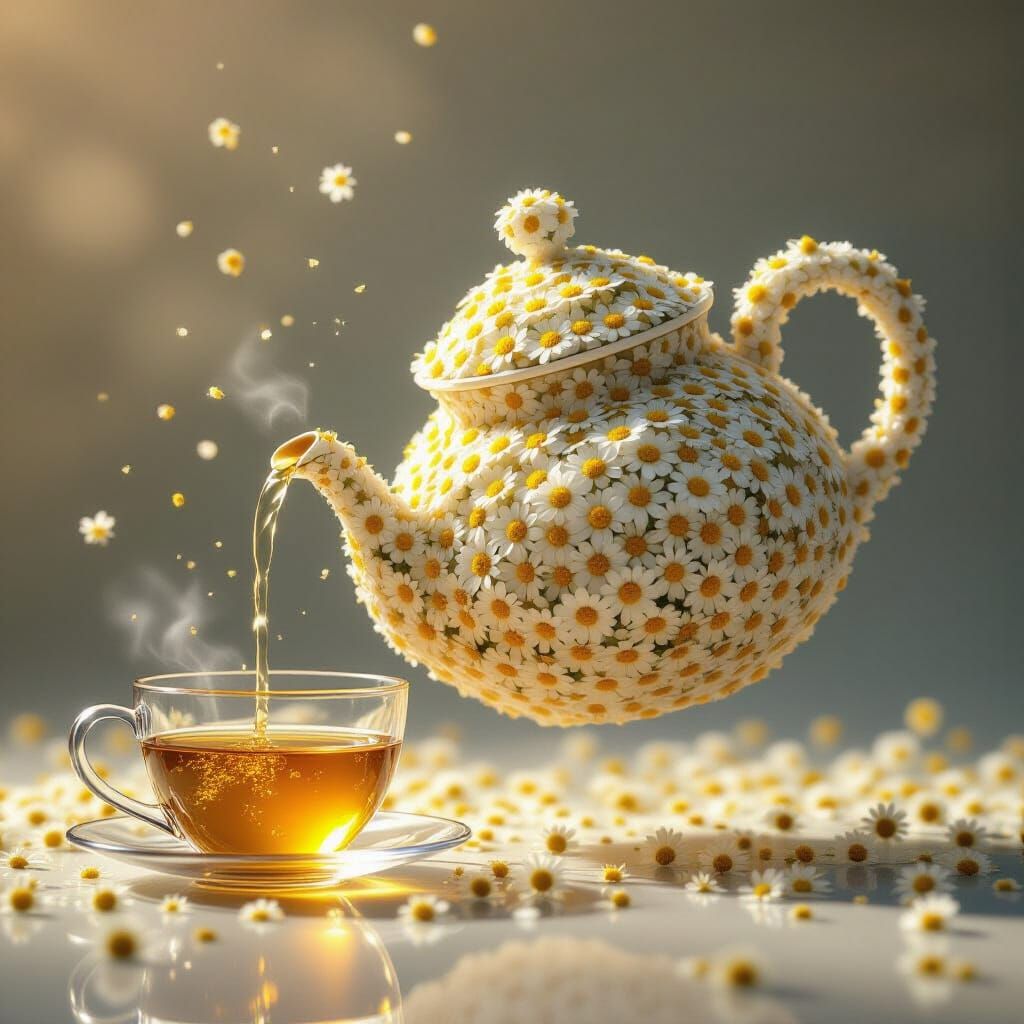 Hyper-realistic fantasy scene, ultra-detailed, 8K resolution, cinematic quality.
A floating teapot entirely composed of tiny chamomile flowe...