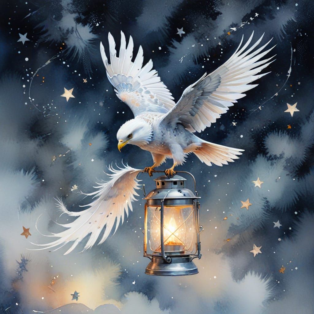 Silver Hawk with Lantern Watercolor