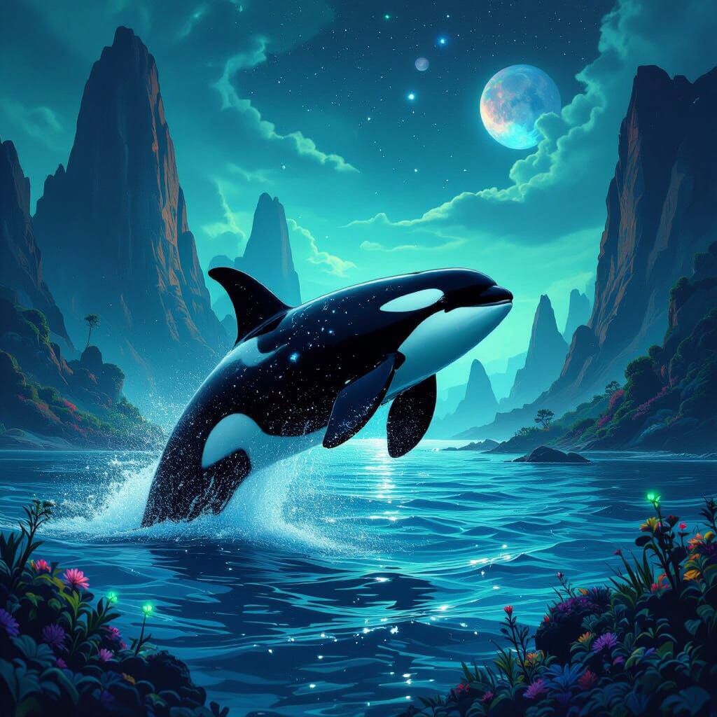 An orca breaches the surface of an alien ocean on an exoplanet, its body adorned with bioluminescent ...  by @DW