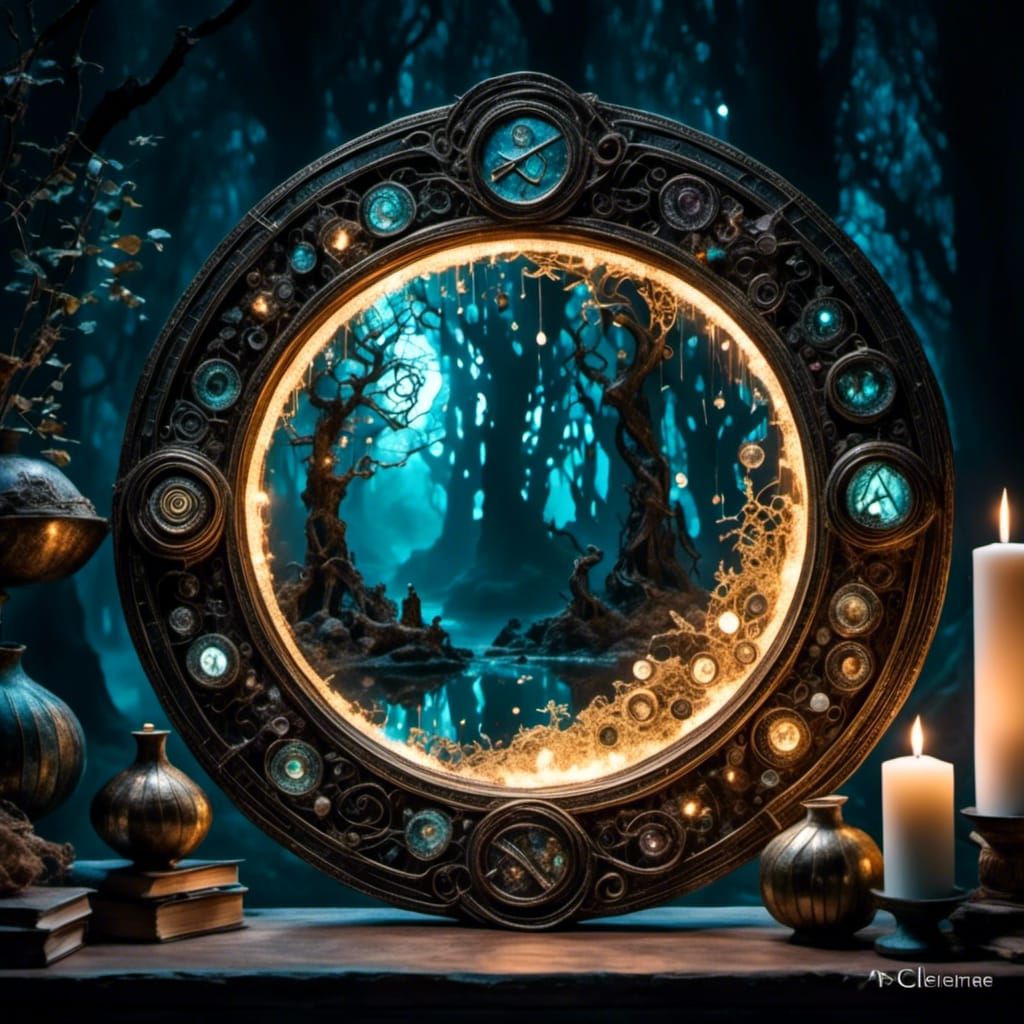  <lora:SwirlyV3:1.0> An enchanted mirror glowing with runes