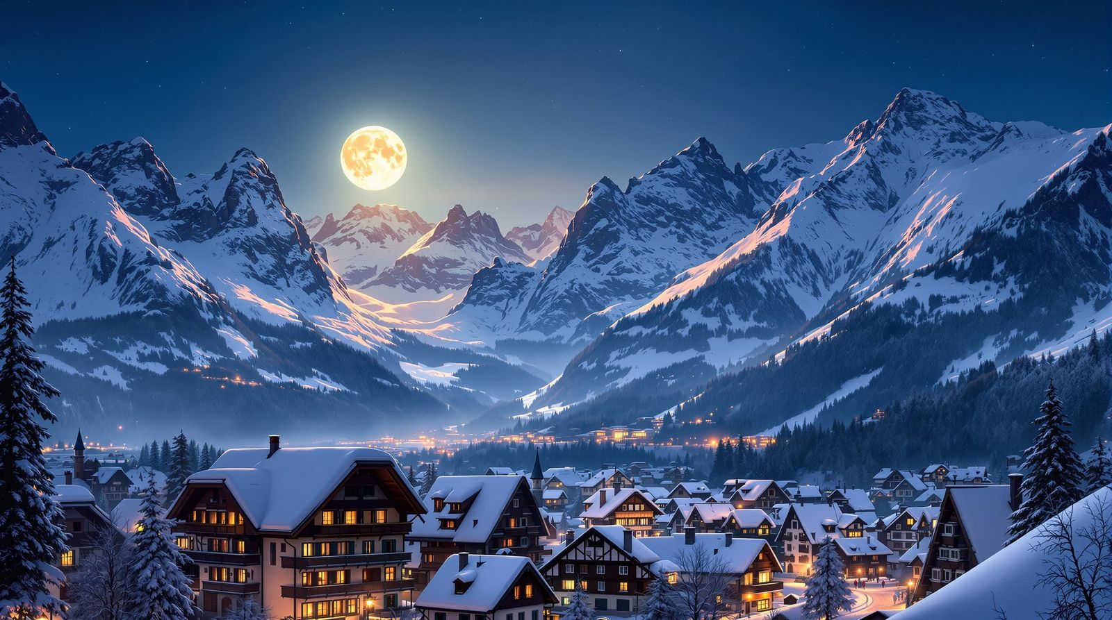 Full moon rising over a charming city nestled in the Austrian Alps  by @A handsome lad