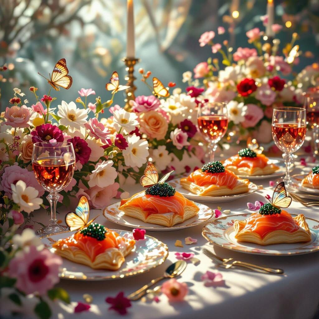 A banquet, Salvador Dalí style, with (edible flowers with smoked salmon petals: 1.2) with (the centers ...  by @Arcaena Poulain