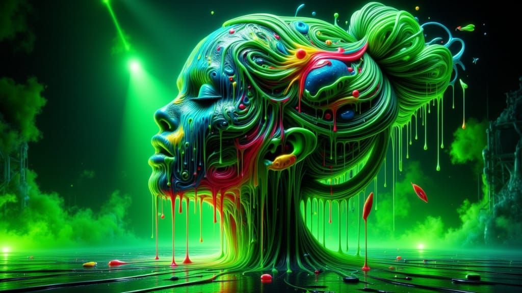 <lora:Melting Colors:1.0> a gothic punk styled real woman's head, her hair is formed from glass tubes which contain neon fish and bubbles IN...