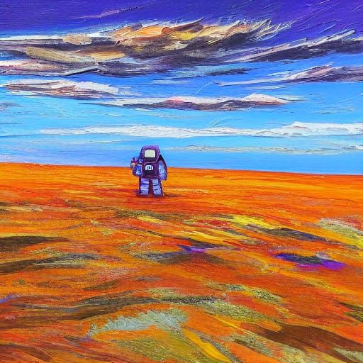 Astronaut in Front of Ancient Structure in Vibrant Oil Paint...