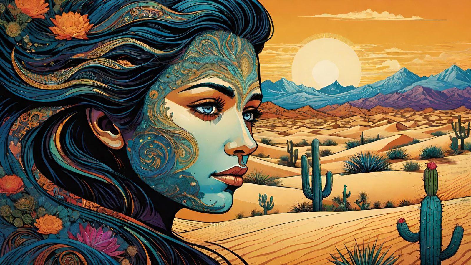 Optical illusion of a woman's face merging with a desert landscape