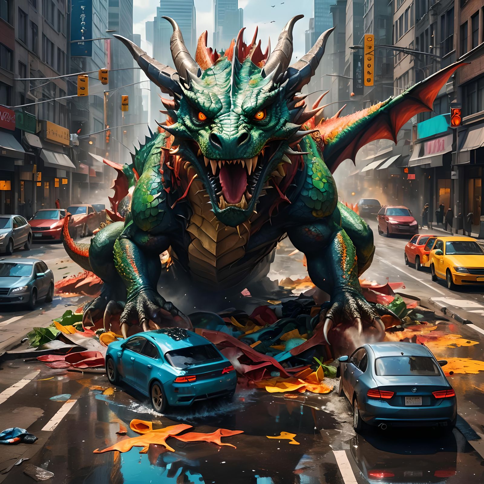 Cyberpunk Dragon Devours Cityscape in Hyperrealistic Color