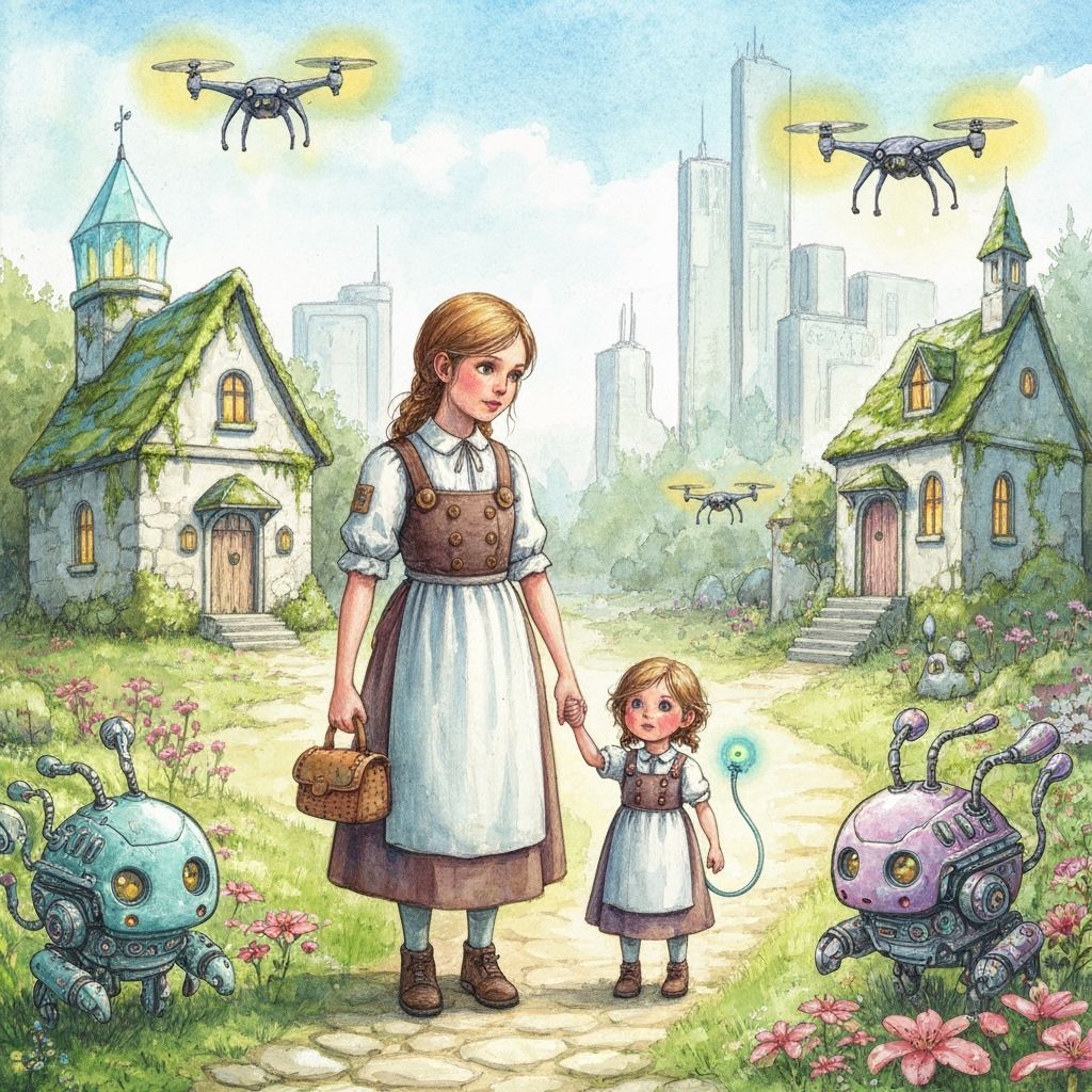 Cyberpunk Amish Sisters in a Luminous Solarpunk Future