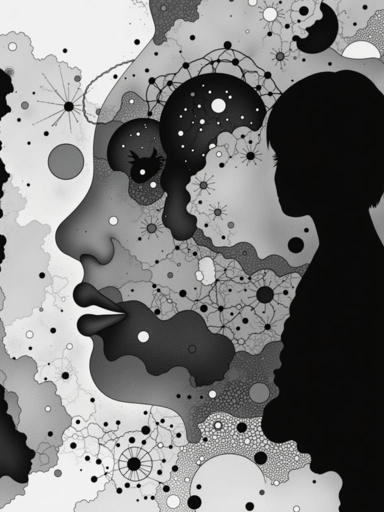 <lora:Graphite:1.0> Duality   mystical and poetic dreamlike Paul Klee, surreal and celestial, etching & delicate aquatint textures expressiv...