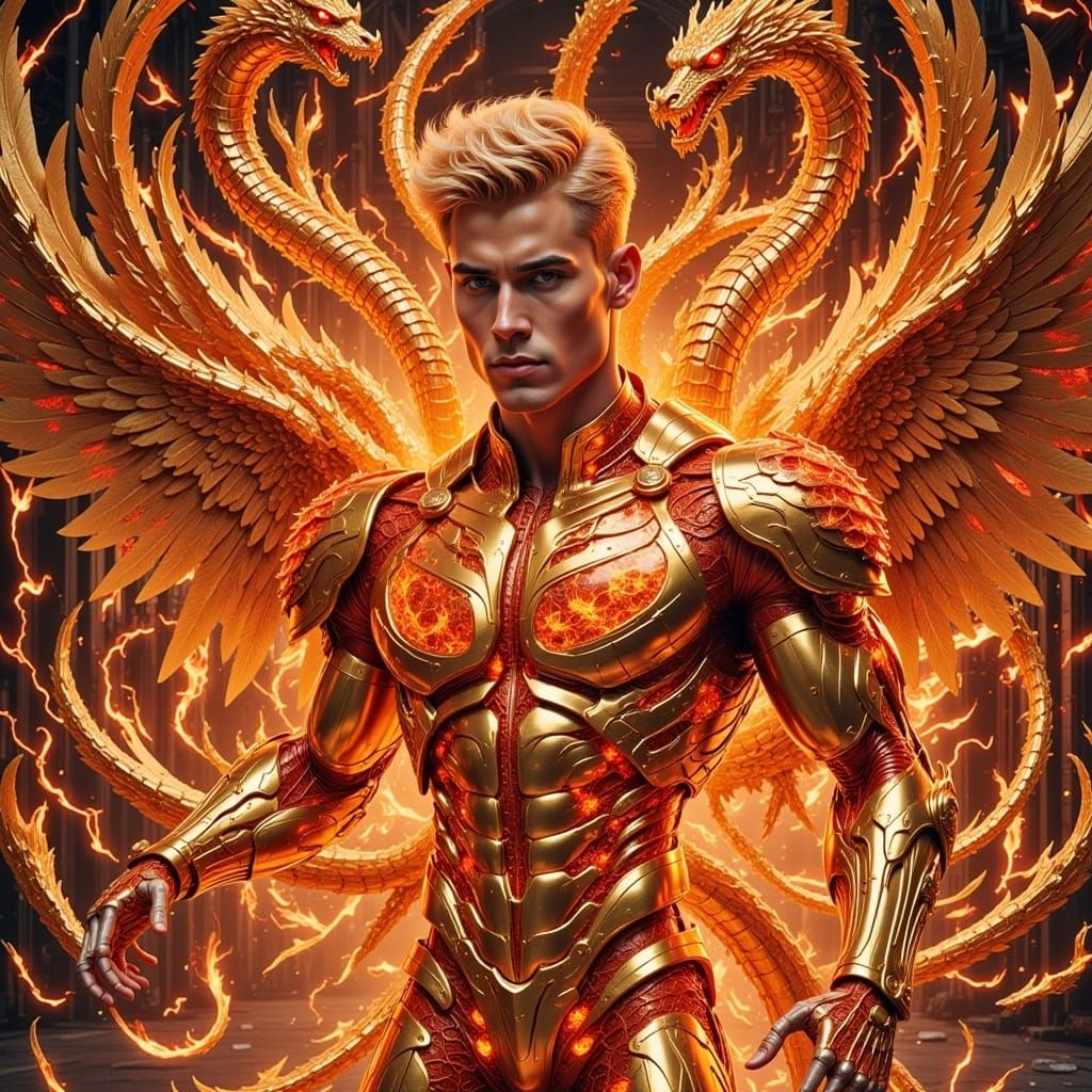 High Octane photograph of exploding red gold energy: Hyperdetailed Sharply detailed Very handsome young looking male with piercing glowing g...