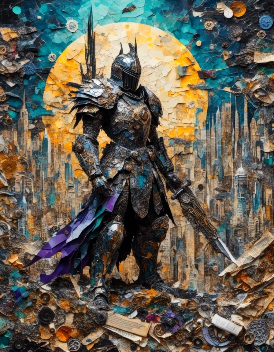 <lora:Supa Collage:1.0>  Cyberpunk landscape collage, made with large paper pieces, armored warrior knight in the sun , beautiful expansive...