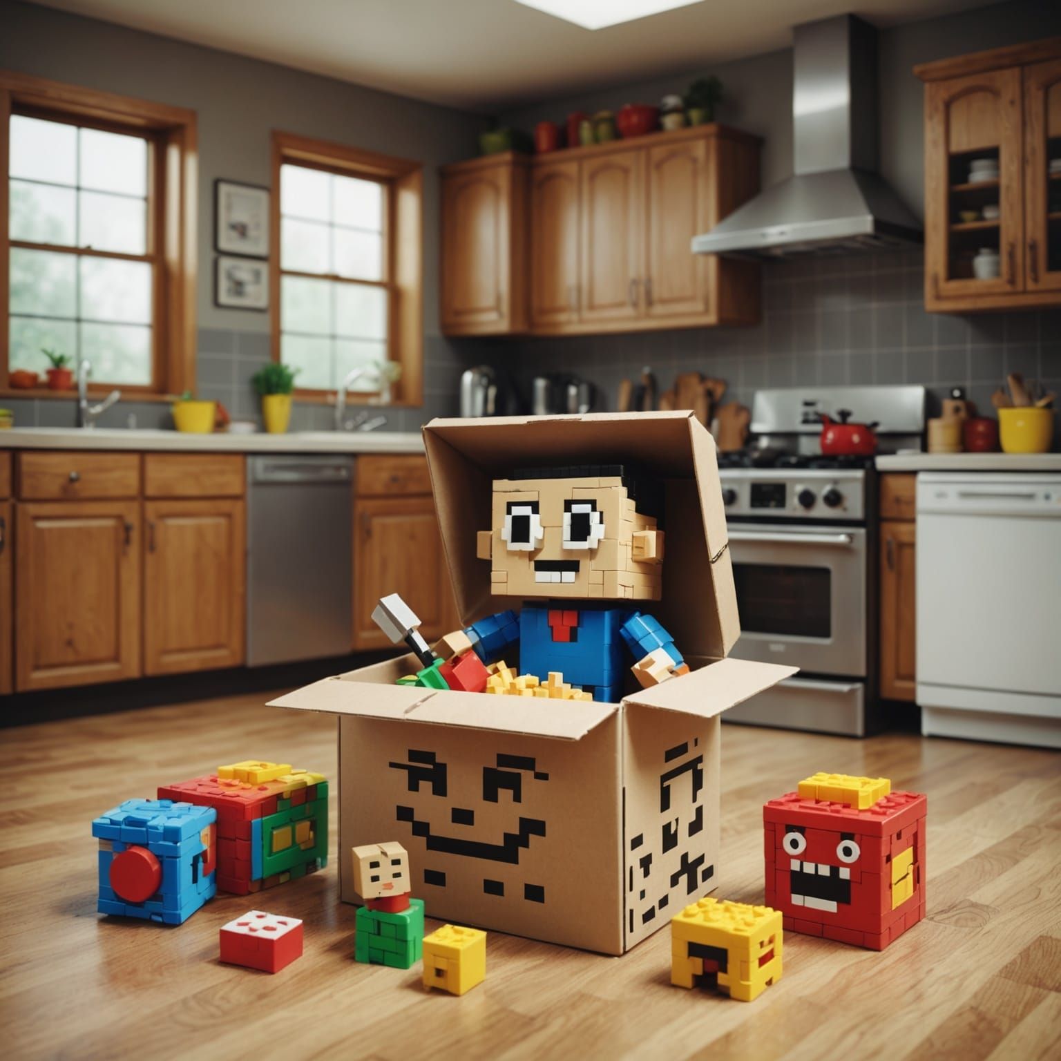 8bit Deformed Toy Box Scene in a Distorted Kitchen