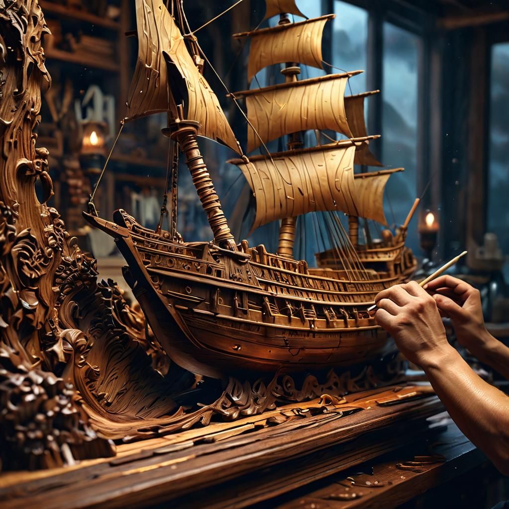 A wood sculpture of a ship  by @Angie82