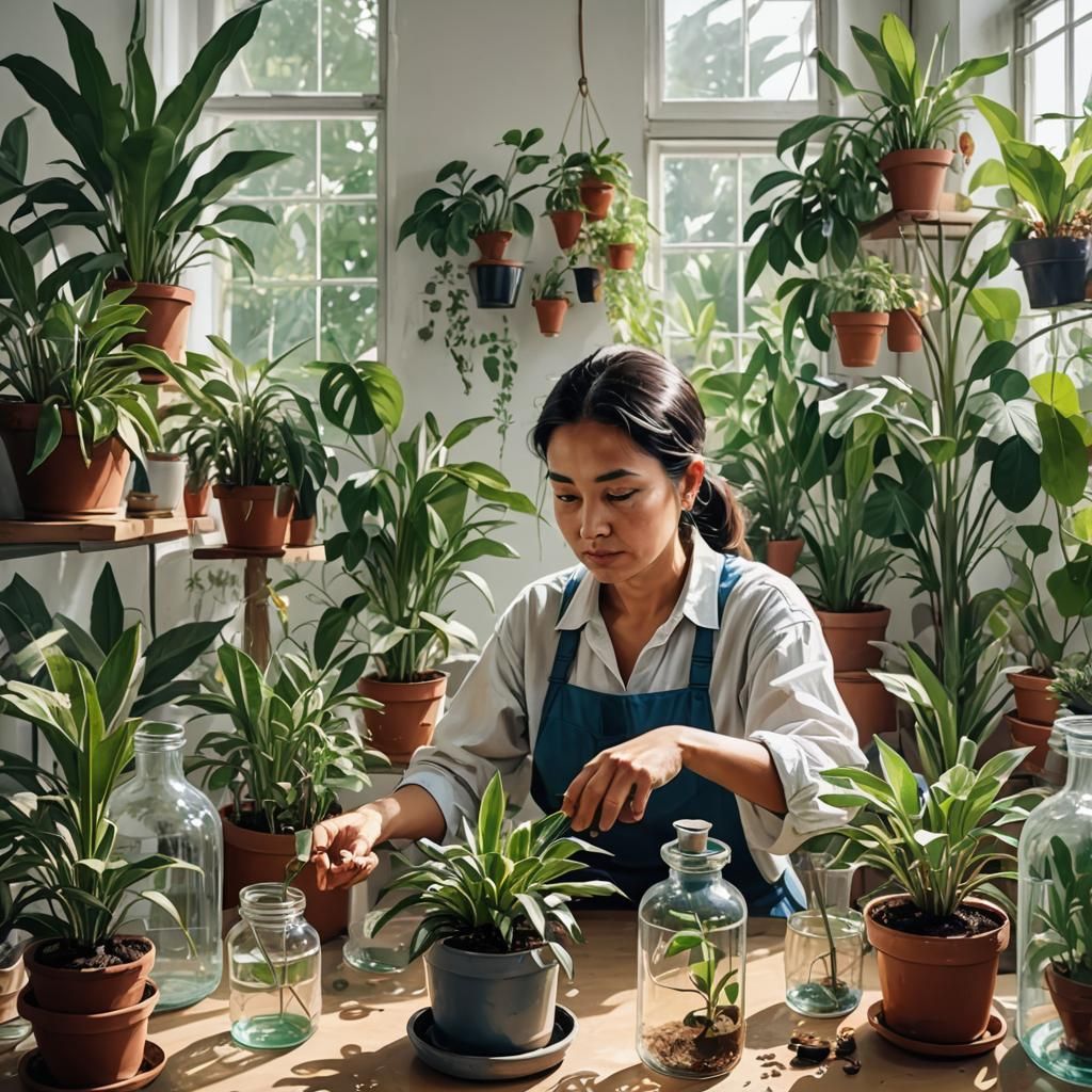 mujer dentro de un frasco de cristal cuidando sus plantas , una regadera ,  un jilguero - AI Generated Artwork - NightCafe Creator