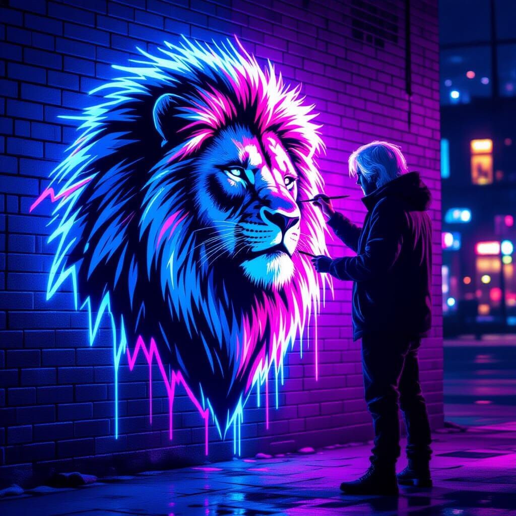Cyberpunk Artist Paints Neon Lion Silhouette