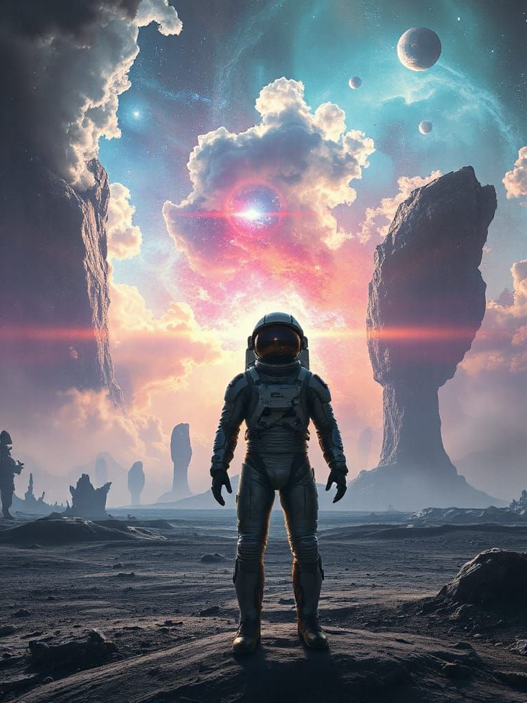 A lone astronaut stands on a desolate, alien planet, gazing up at a breathtaking nebula, with swirling clouds of cosmic dust and vibrant col...