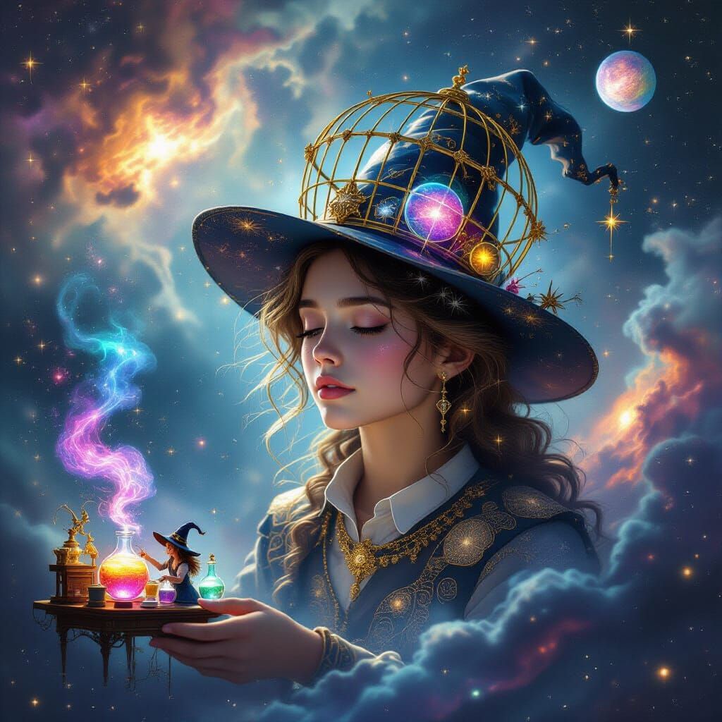 A hyper-realistic fantasy portrait of a serene, introspective young wanderer floating in a galaxy-strewn void. Swirling nebulae, distant sta...