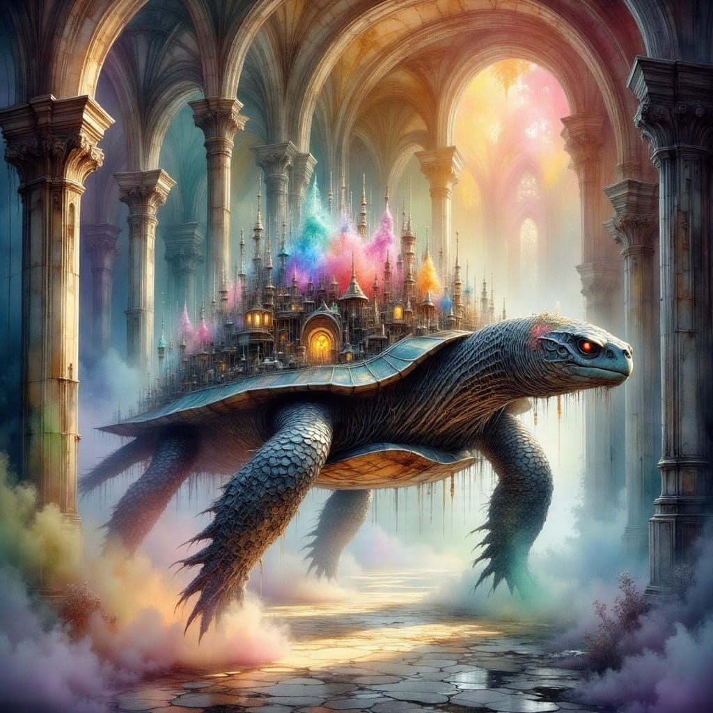 Within a crumbling sanctum of colorful marble stone and luminous arches, an enormous  Steampunk turtle ...  by @BaldrianGoodnight