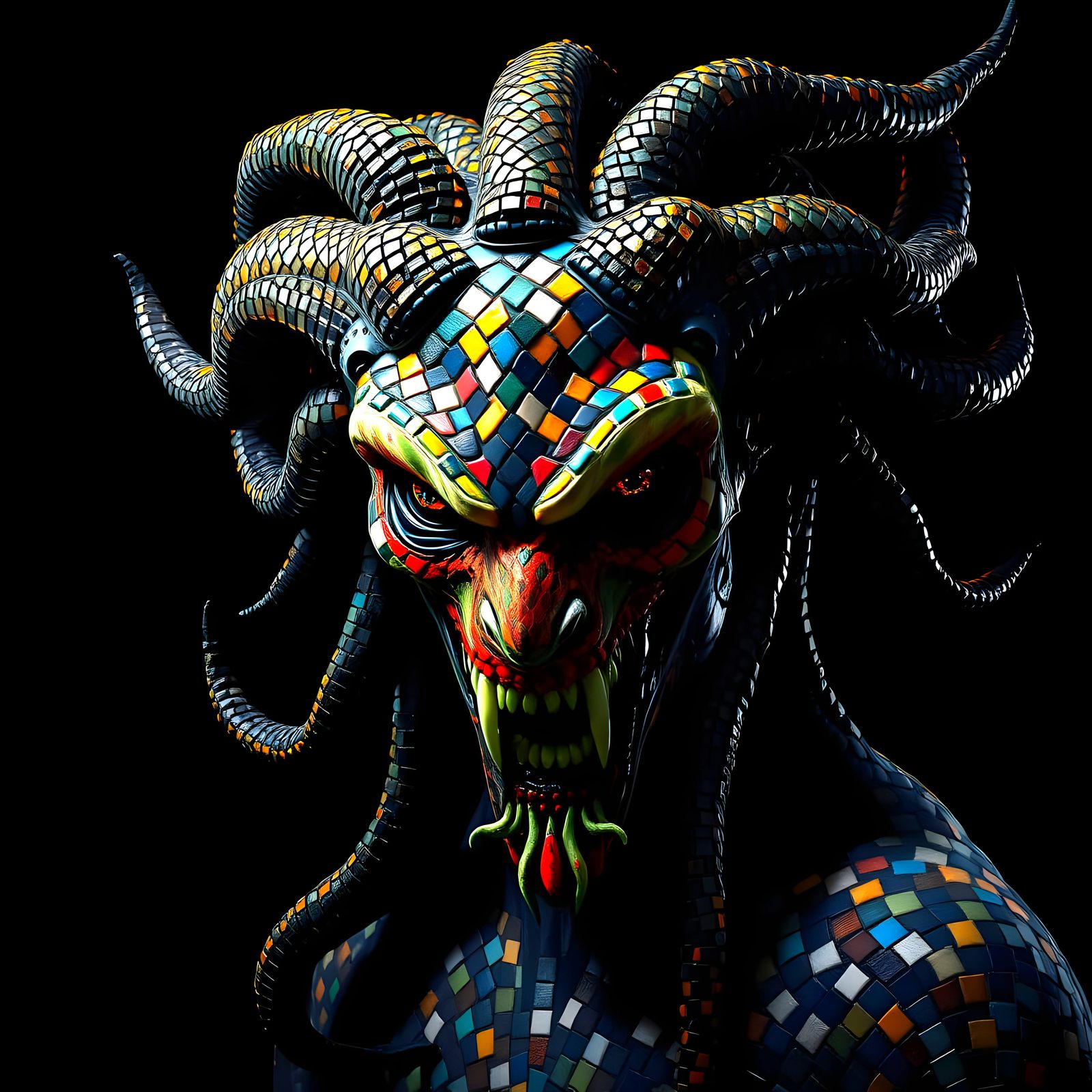 Mosaïc scary creepy medusa monster,made out of mosaïc tiles Hyperrealistic, splash art, concept art, ...  by @Psyborg