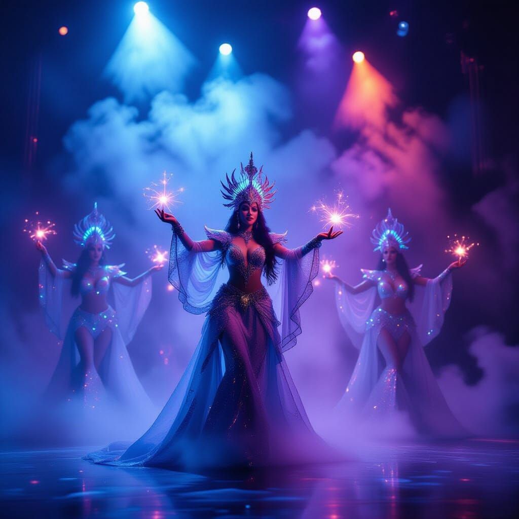 A fantasy stage act with glittering costumes and bioluminescent props captivates the audience with their mesmerizing performance. The stage ...