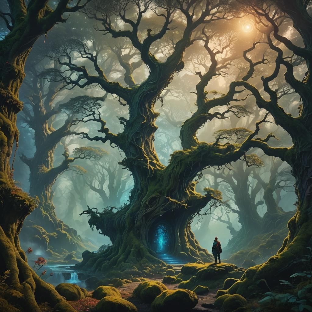 Finding the portals to the fae lands of Avalon, highly detail magic fantasy scene in Scotland 