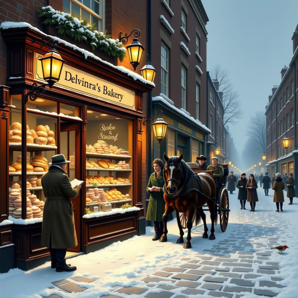 <lora:A Dickensian Xmas:0.9>  a busy bakery with a queue outside