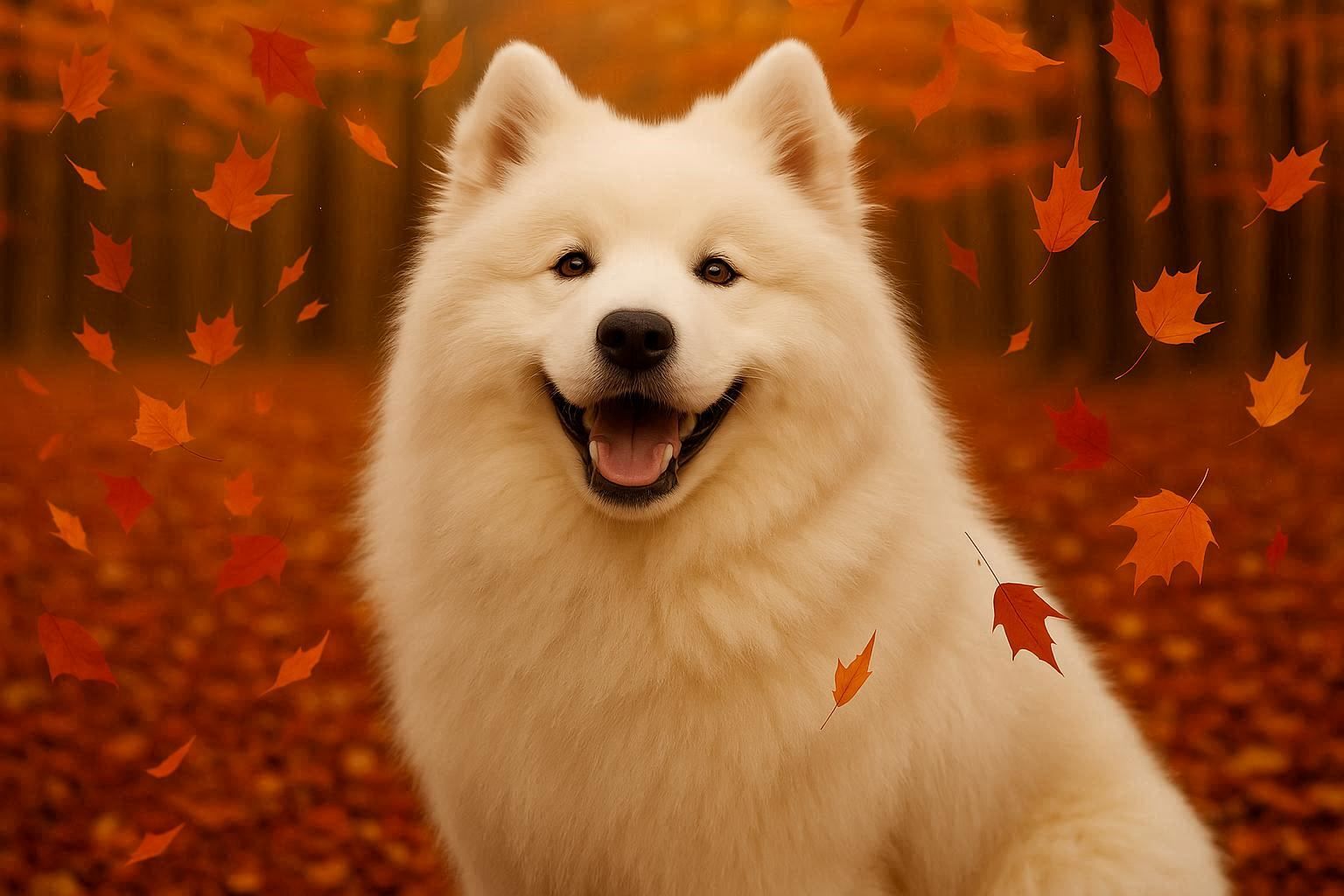 Beautiful Samoyed Dog in Autumn